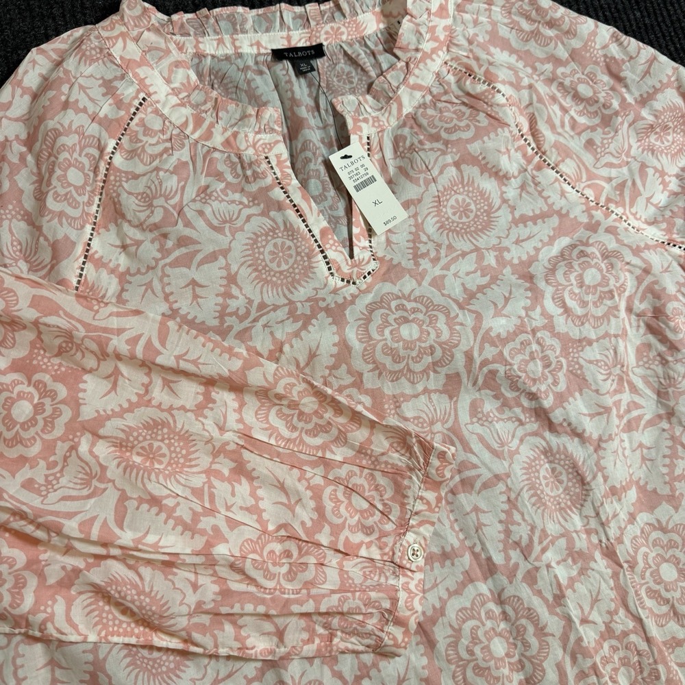 TALBOTS Pink White Cotton Floral Popover Tunic Blouse Ruffle V Neck XL NWT $89